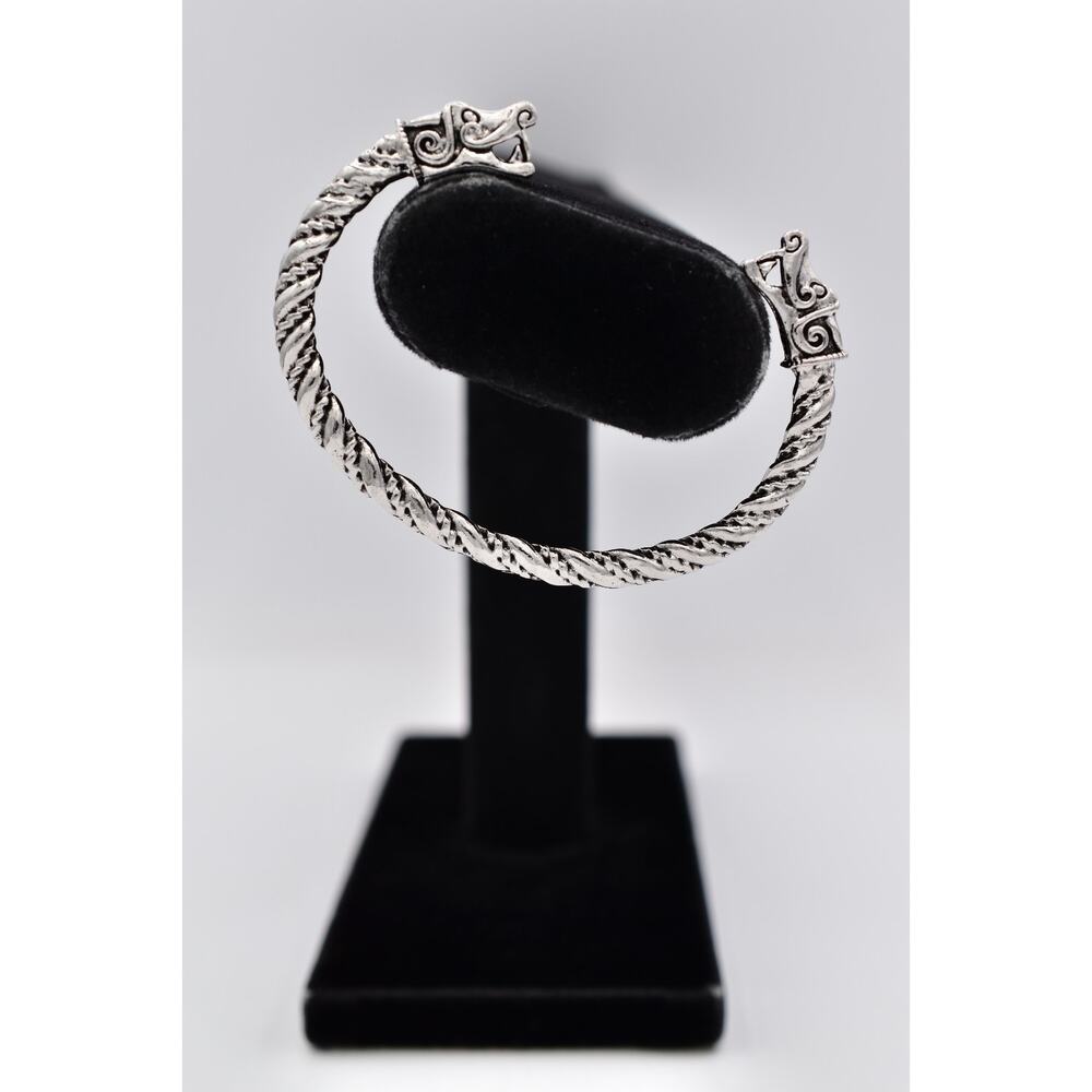 Dragon Head Cuff Bracelet Silver Twisted Cable Gothic Fantasy Bangle Y2K BinAD